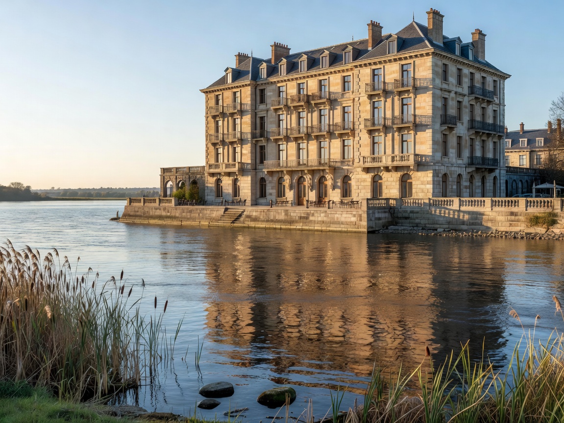 Hotel exterior viewed across a river