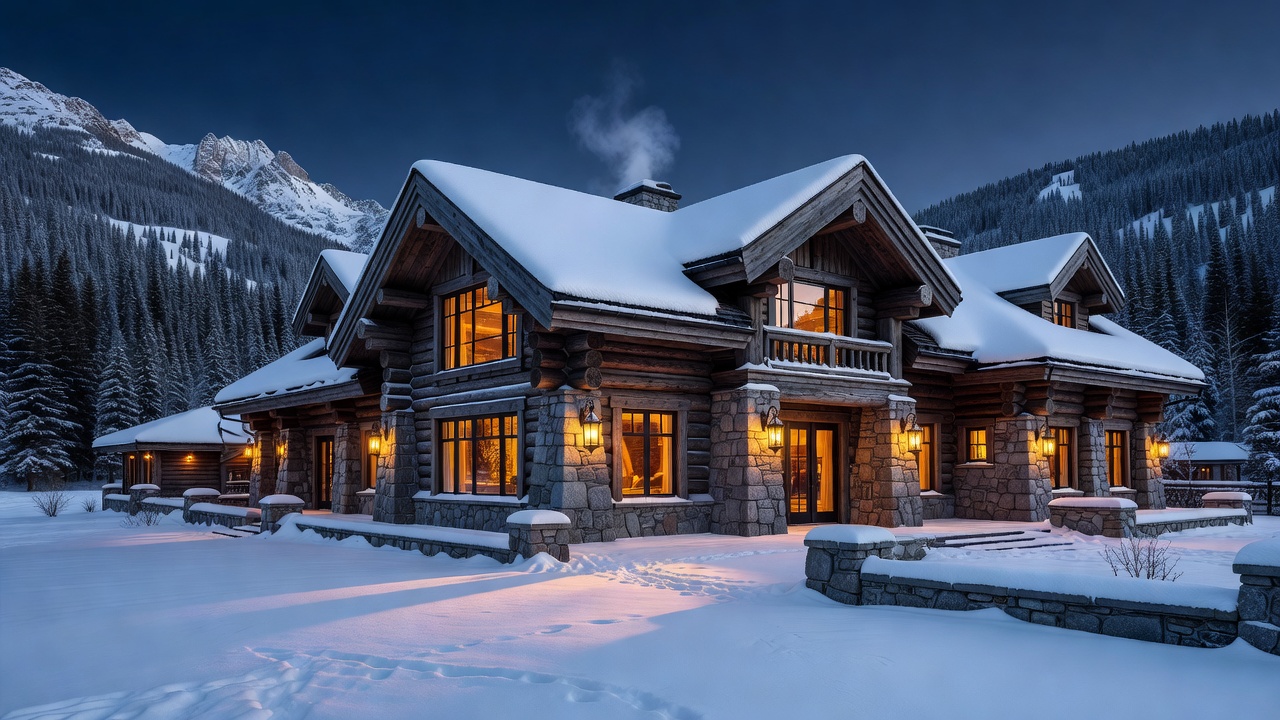 Luxury Canadian resort exterior with warm lighting
